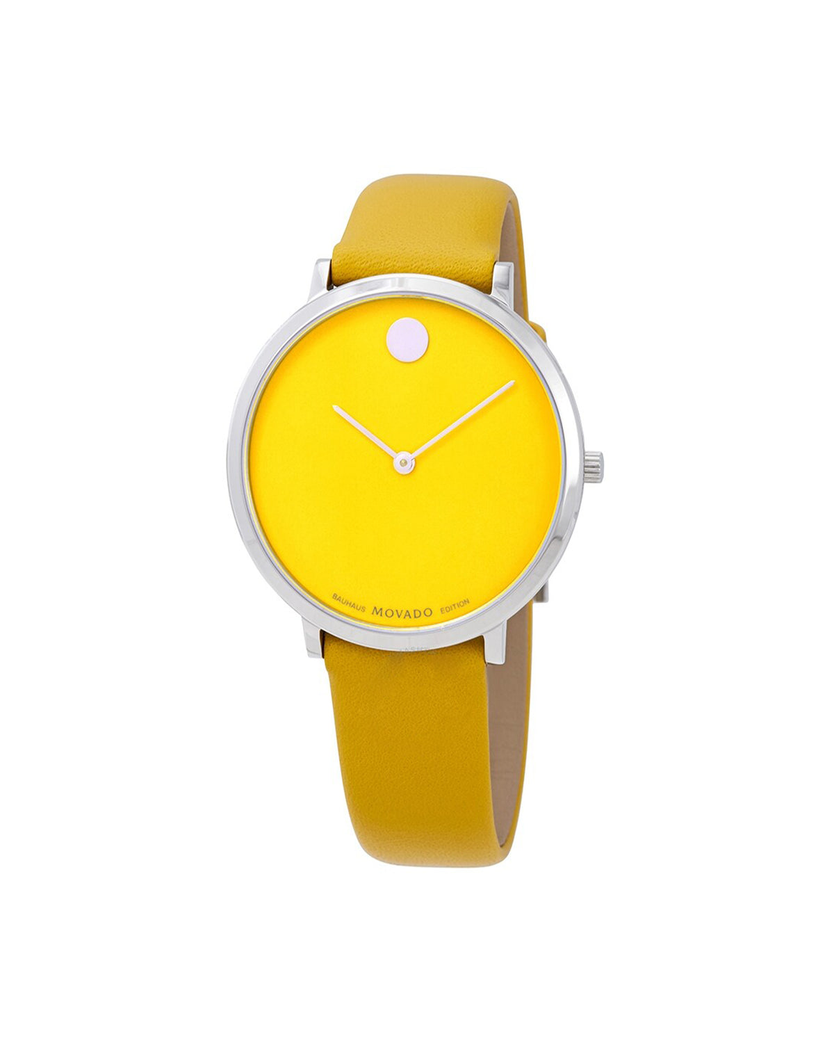 Movado Museum Bauhaus 70th Anniversary 0607143 yellow dial watch with silver-tone case and yellow leather strap – front view