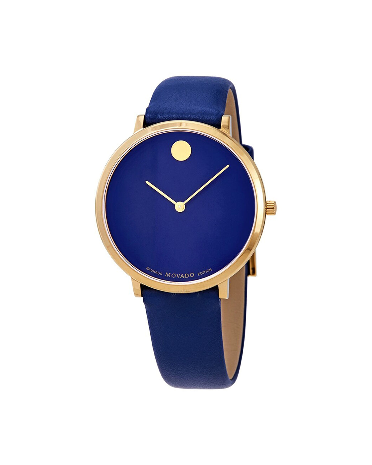 Movado Museum Bauhaus 70th Anniversary 0607146 blue dial watch with gold-tone case and blue leather strap – front view