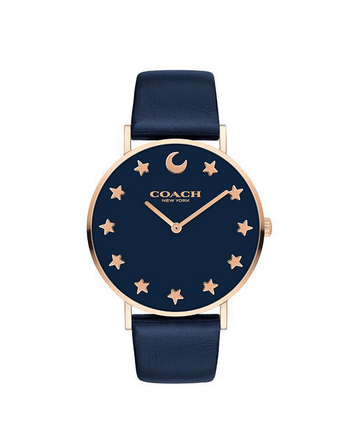 Coach Perry 14503043 navy dial watch with gold-tone case and navy leather strap – front view