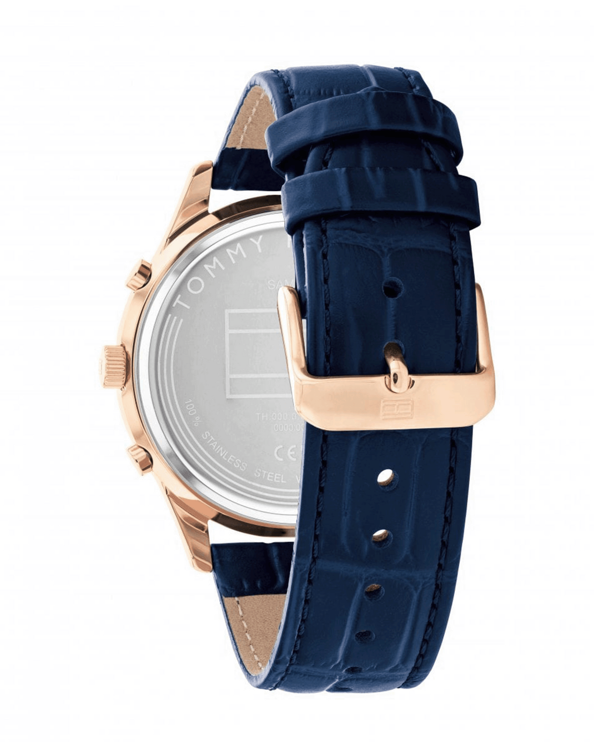 Tommy Hilfiger Weston 1710503 men's watch, blue sunray dial, rose gold-tone case, blue leather strap - side view