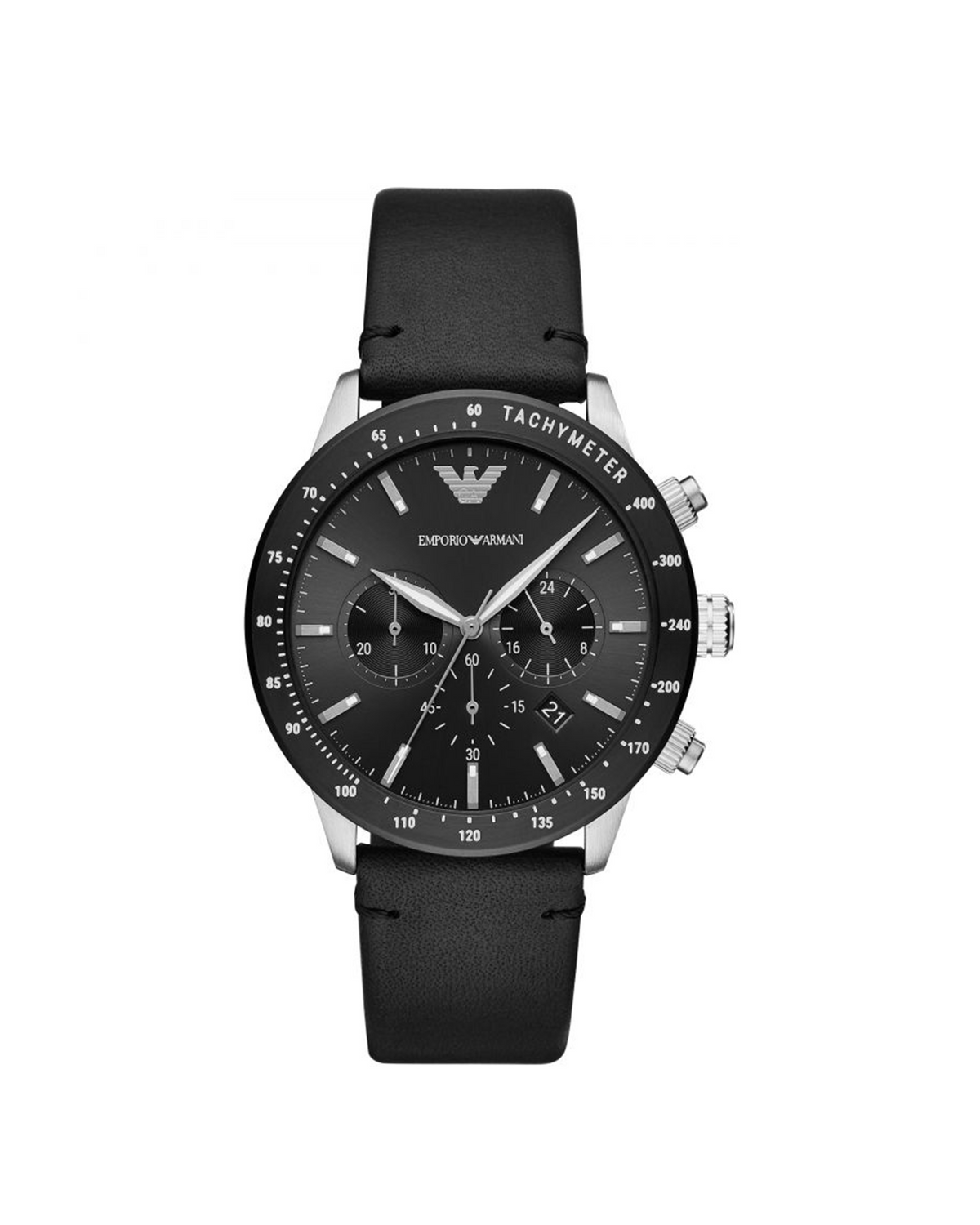 Emporio Armani AR11243 Mario chronograph watch, front view of stainless steel case and black dial