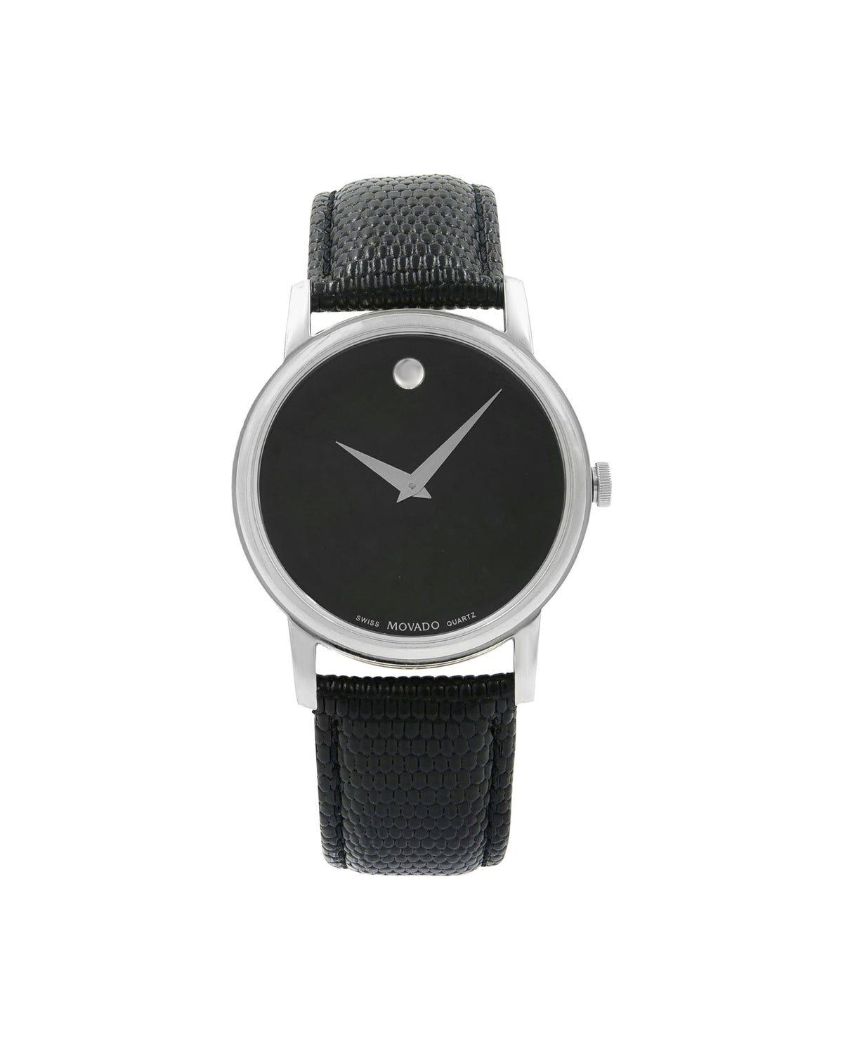 Movado Museum Classic 2100002 men's watch with silver-tone case and black leather strap – front view