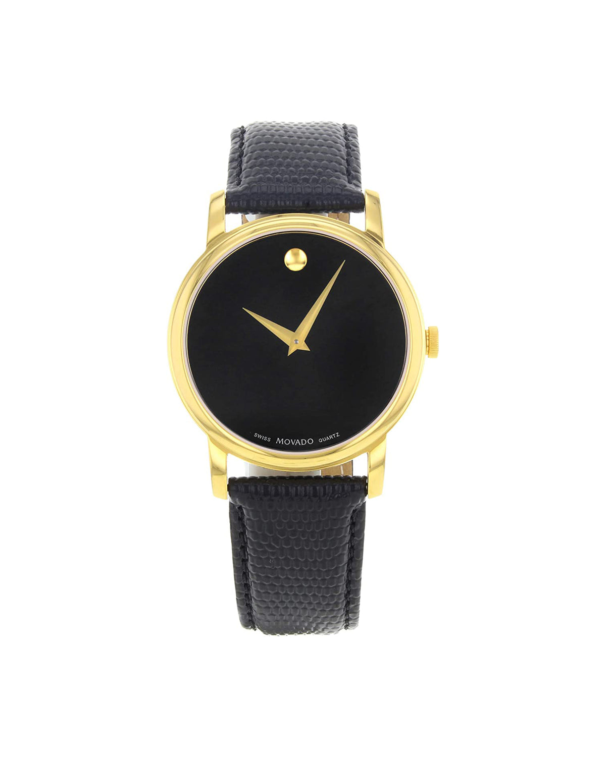 Movado Museum Classic 2100005 black dial watch with yellow gold-plated case and black leather strap – front view