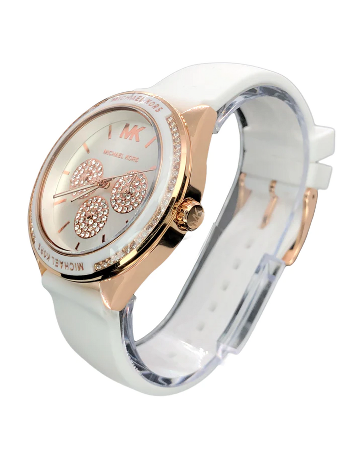 Michael Kors MK6945 rose gold-tone case and white rhinestone dial close-up