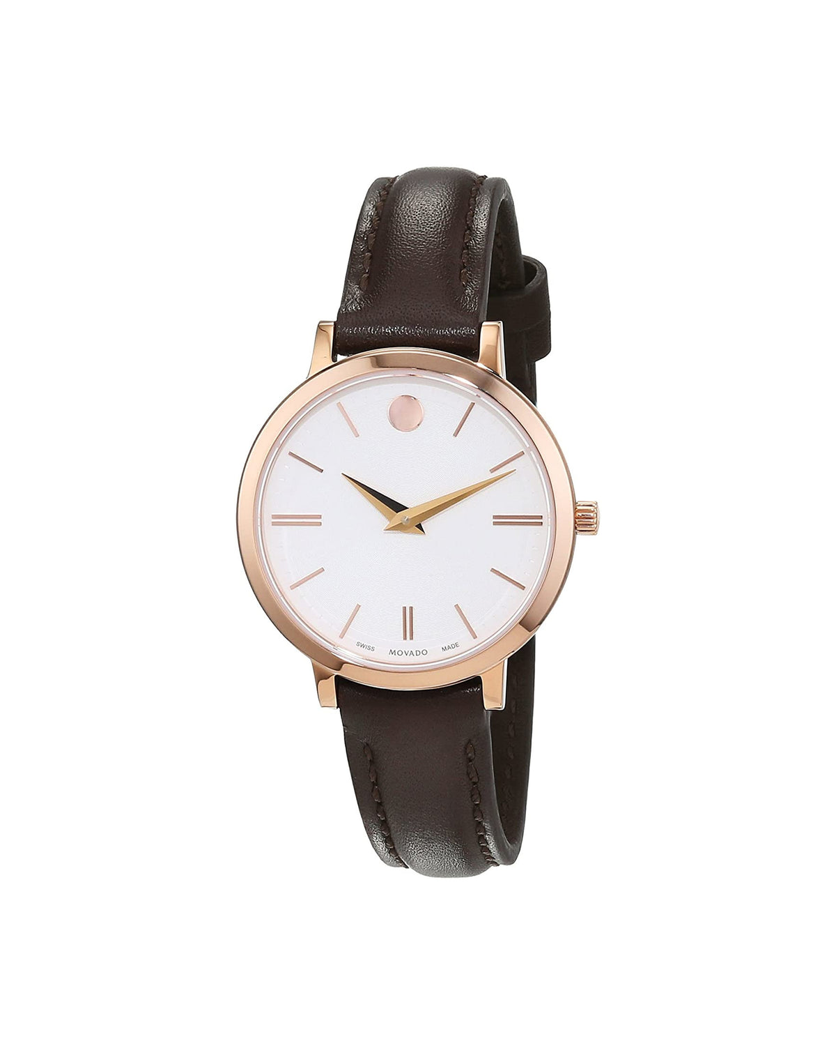 Movado Ultra Slim 0607096 rose gold PVD watch with off-white dial and brown leather strap – front view