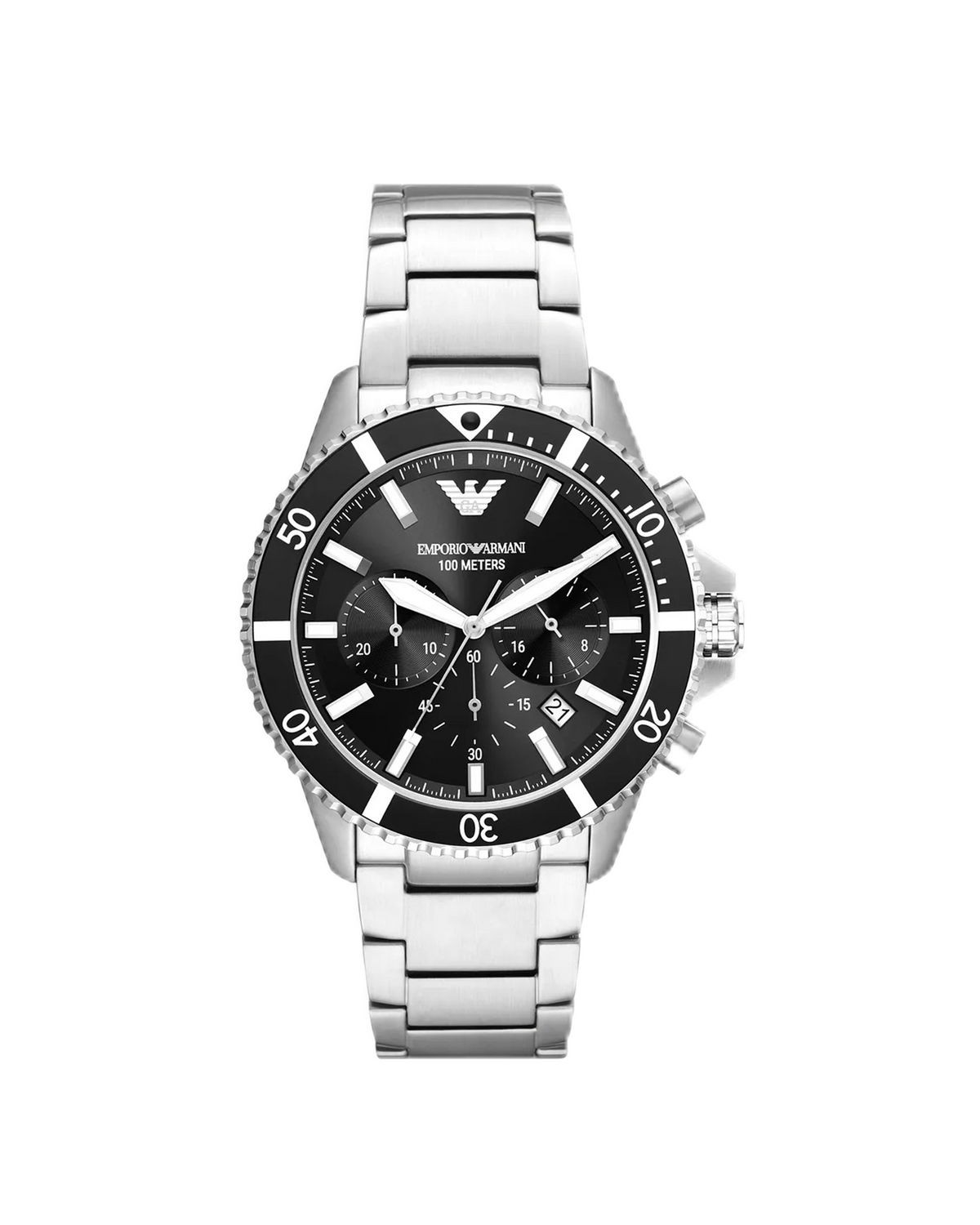 Emporio Armani AR11360 chronograph watch with stainless steel bracelet on a white background
