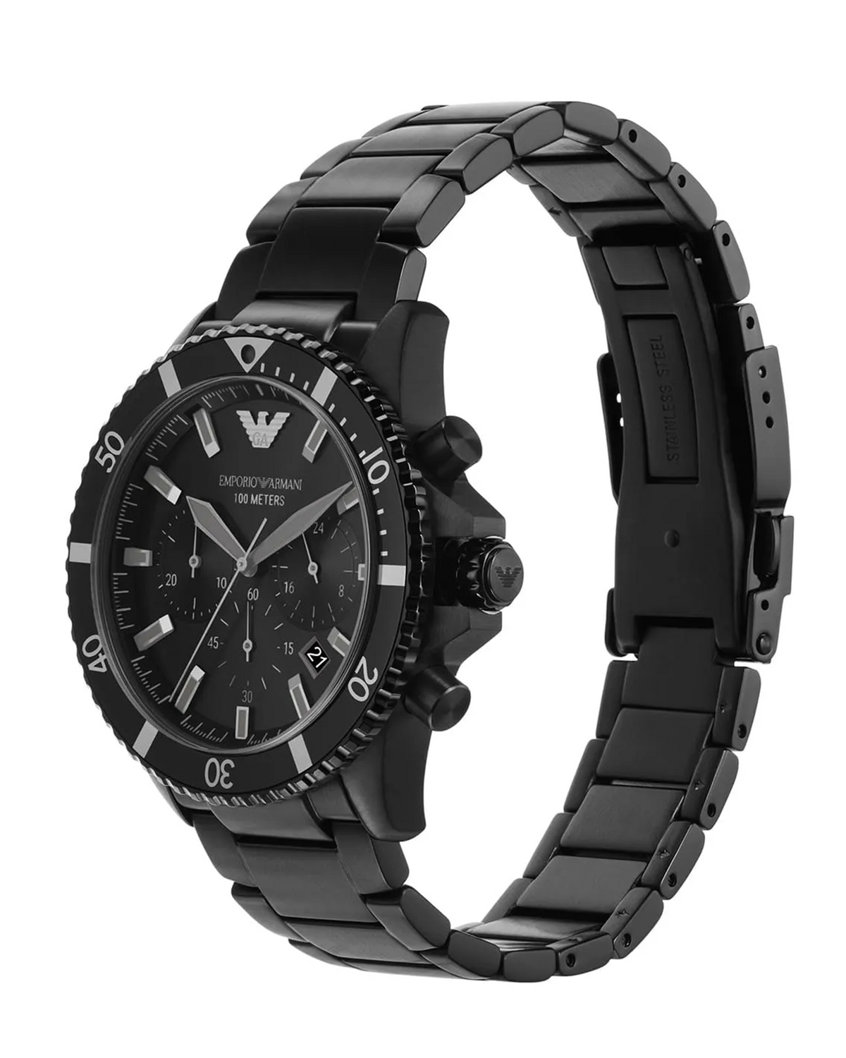 Close-up of the black sunburst dial on the Emporio Armani AR11363 watch