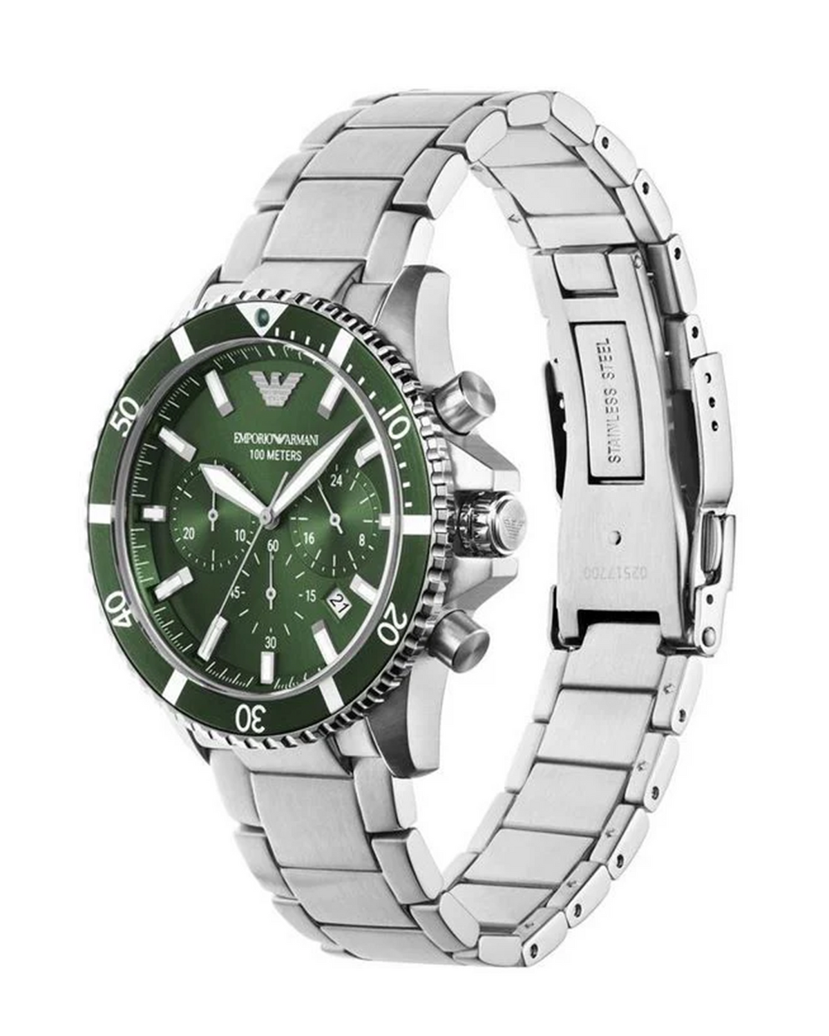 Close-up of the green chronograph dial on the Emporio Armani AR11500 watch