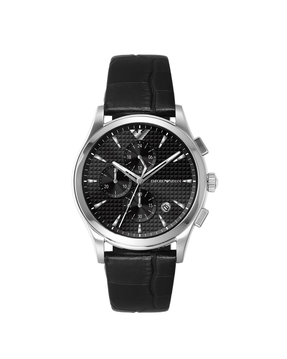 Black watch with a silver case on a white background