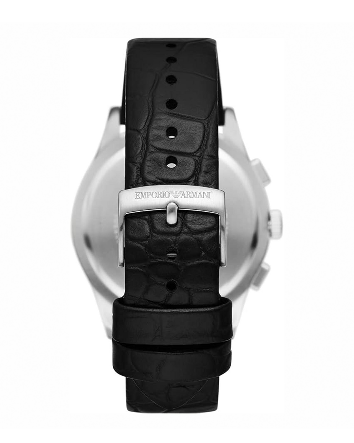 Black watch with silver buckle on a white background