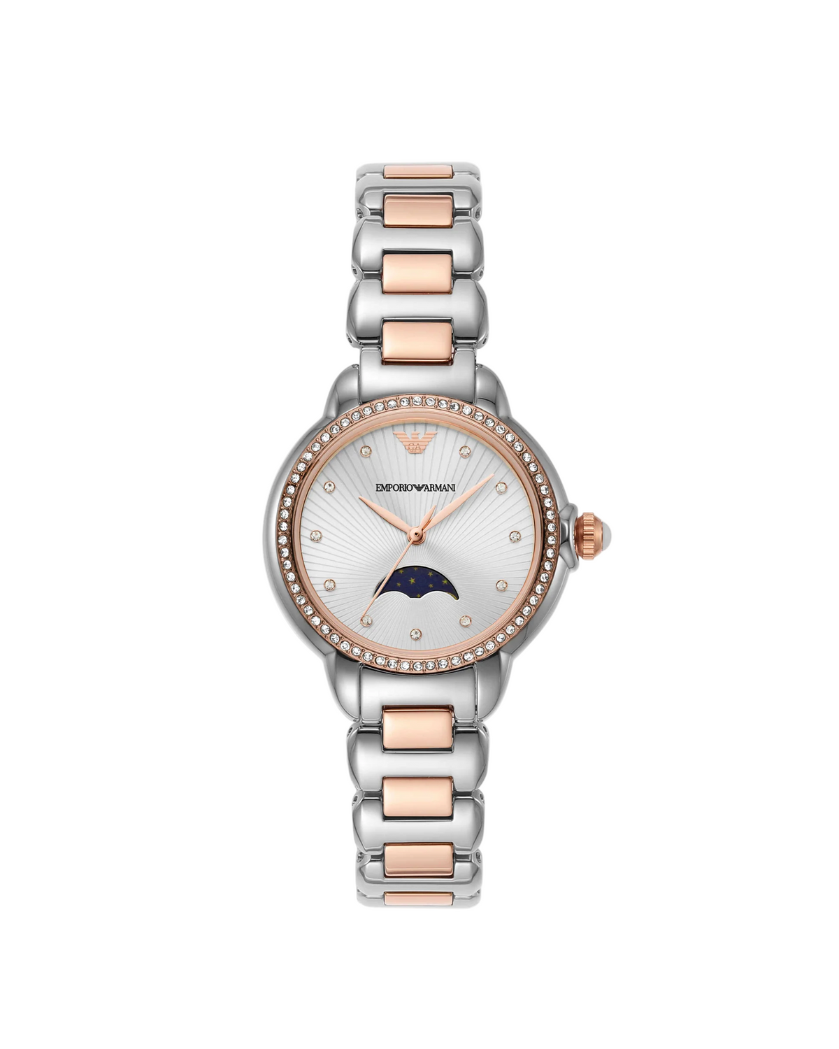Silver and rose gold watch with a white face on a white background