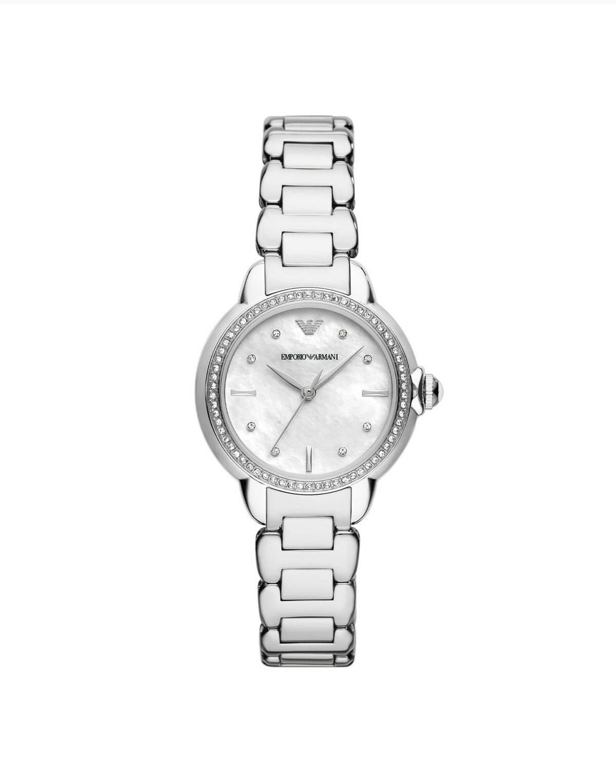 Emporio Armani Mia AR11596 ladies watch, front view of crystal bezel and mother-of-pearl dial