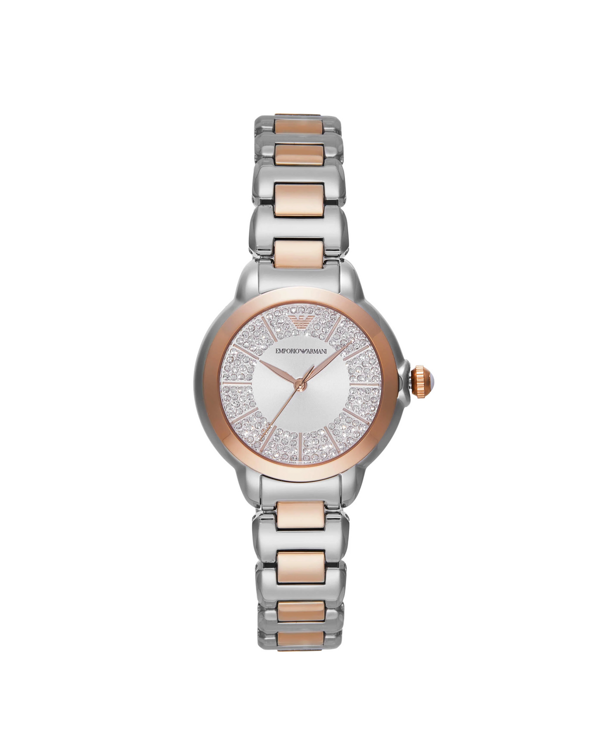 Emporio Armani AR11643 two-tone watch, front view of crystal-set dial