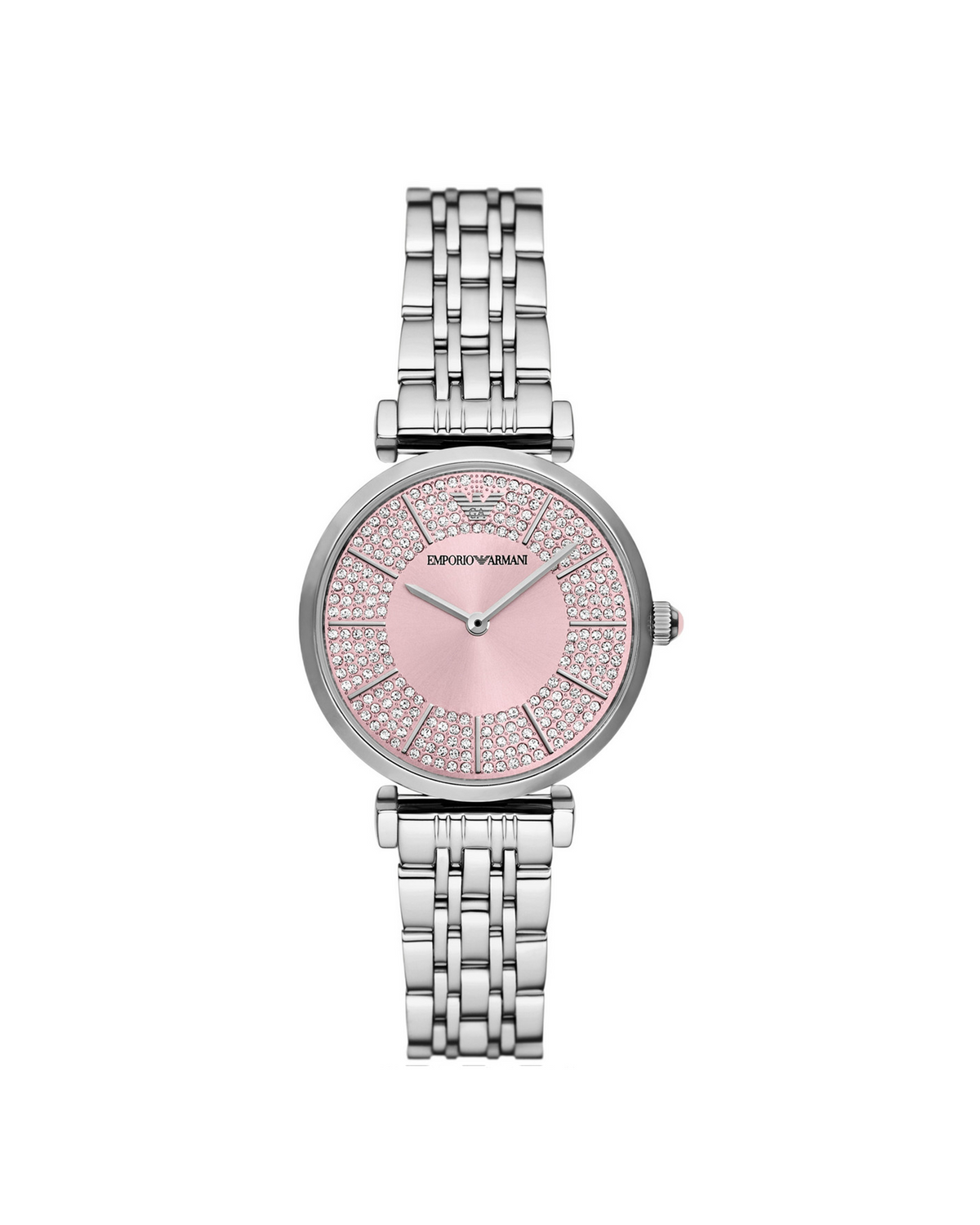 Emporio Armani Gianni T-Bar AR11686 watch, front view of pink crystal dial