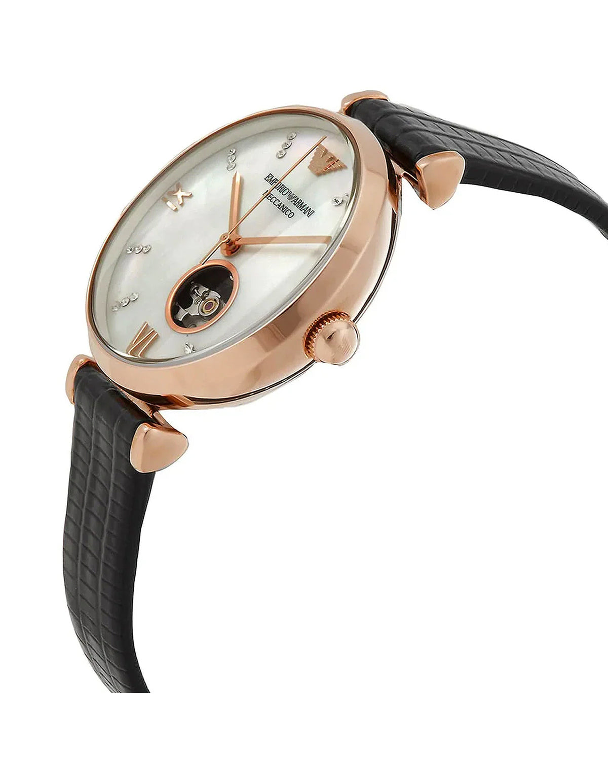 Close-up of the mother-of-pearl dial on the Emporio Armani AR60047 watch