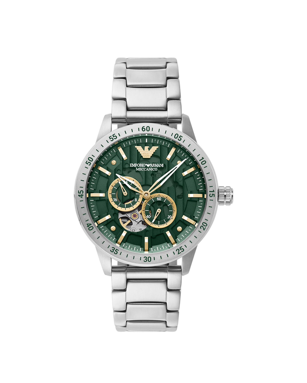 Emporio Armani AR60053 Mario watch, front view of stainless steel case and bracelet