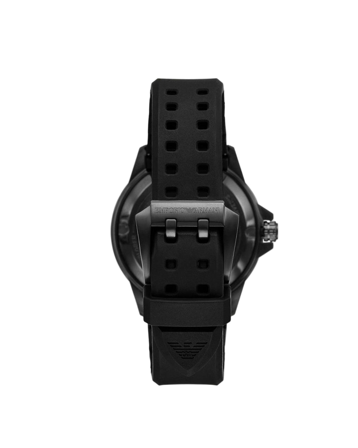 Black watch with a detailed back design on a white background