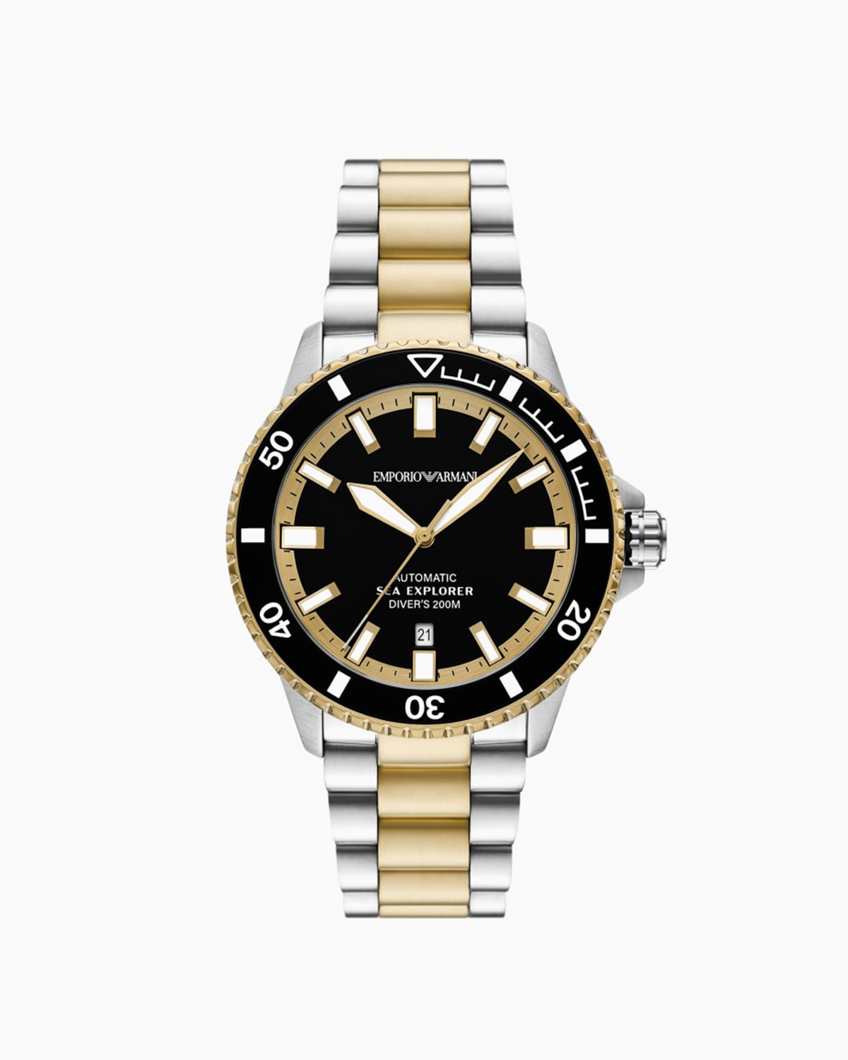 Emporio Armani Sea Explorer AR60089 two-tone watch, front view of black dial