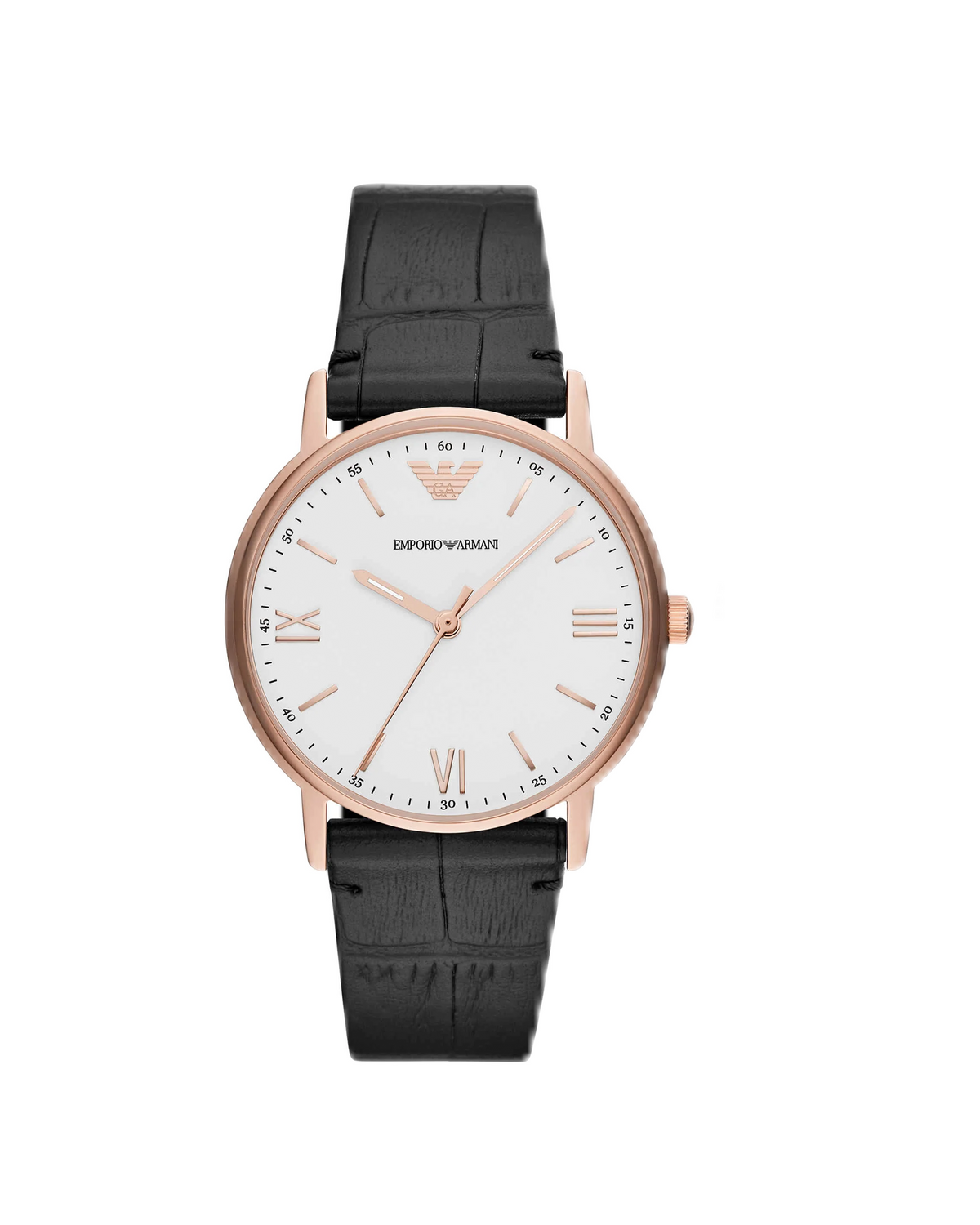 Emporio Armani AR80015M Kappa watch, front view of rose-gold-tone case and white dial