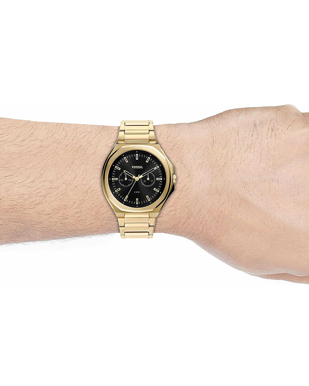 Fossil Evanston BQ2611 gold-tone watch, close-up of dial and bracelet detail