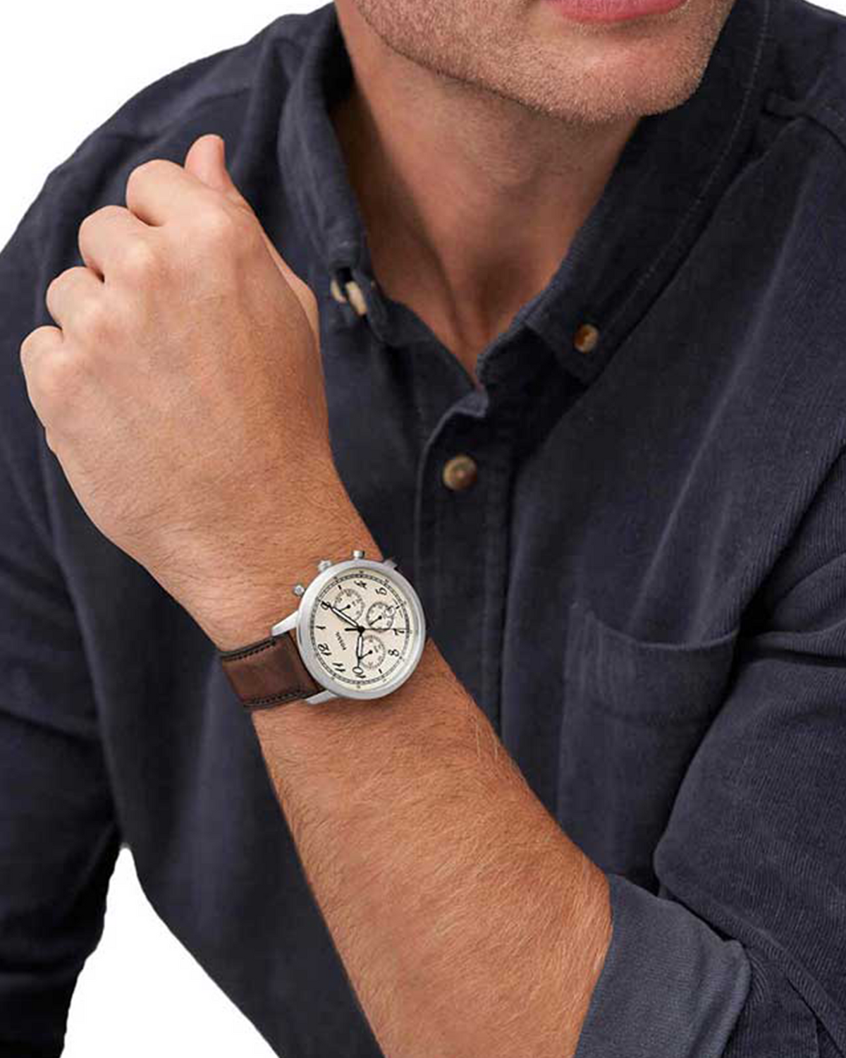 Fossil Neutra Chronograph FS6022 watch, close-up of chronograph dial