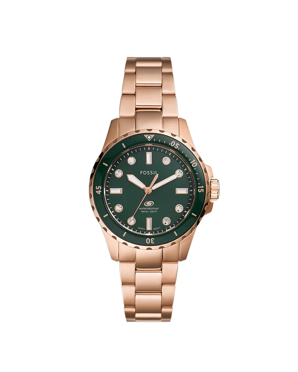 Fossil watch with green dial and rose gold bracelet on a white background