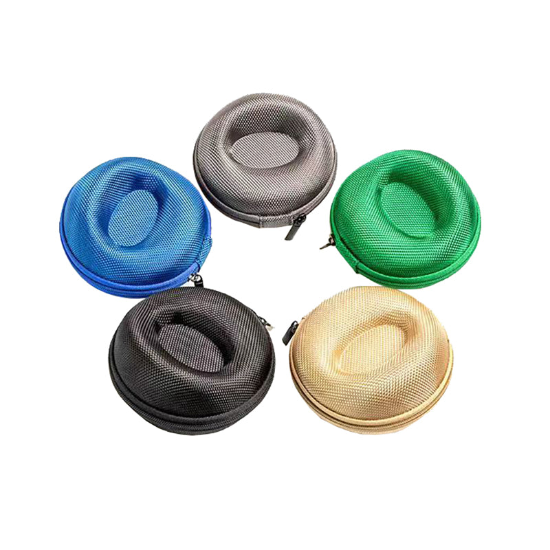 Five round earbud cases in blue, gray, green, black, and gold on a white background.
