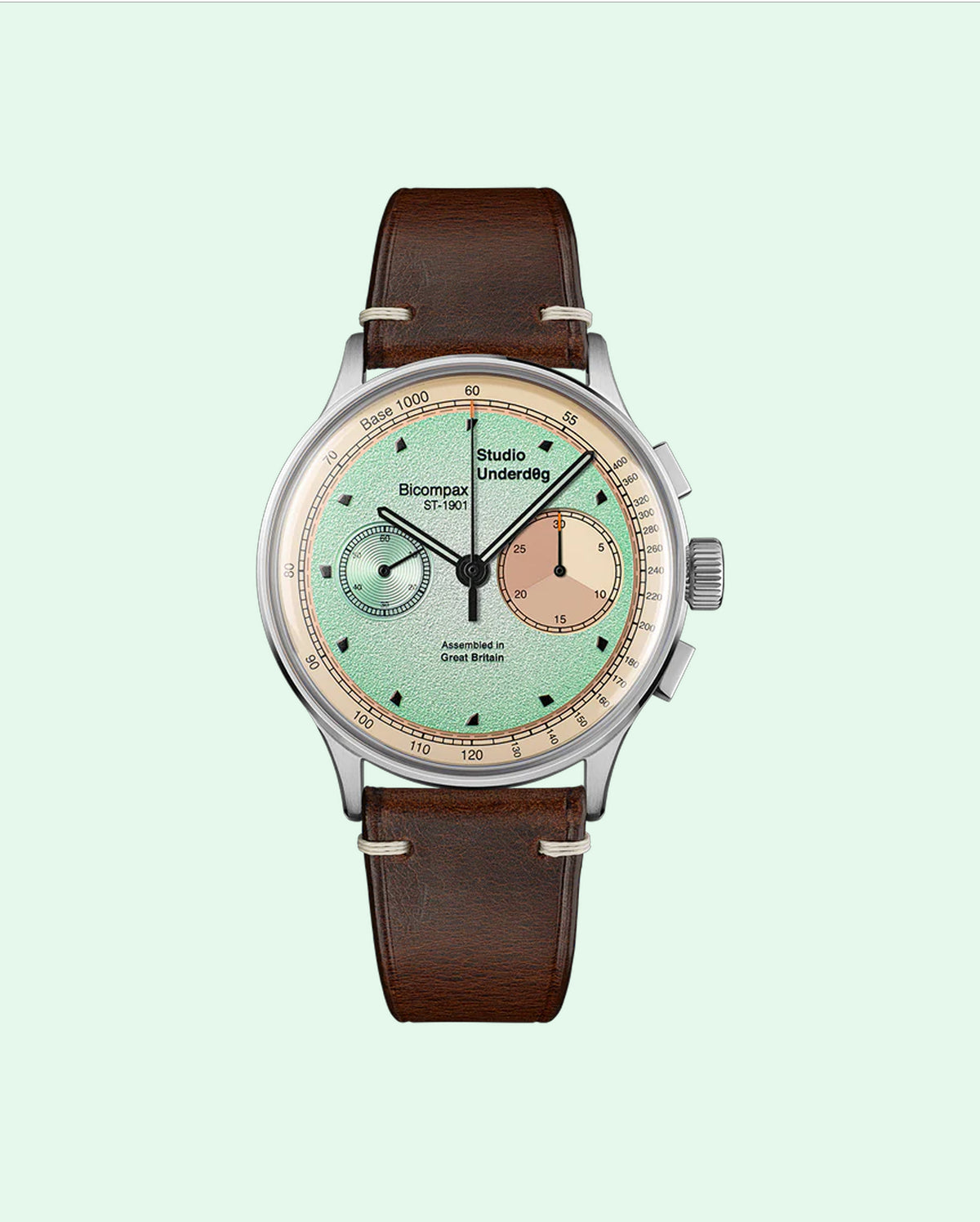 Studio Underd0g 01SERIES Mint Ch0c Chip Gen3 watch - front view with pastel-green dial