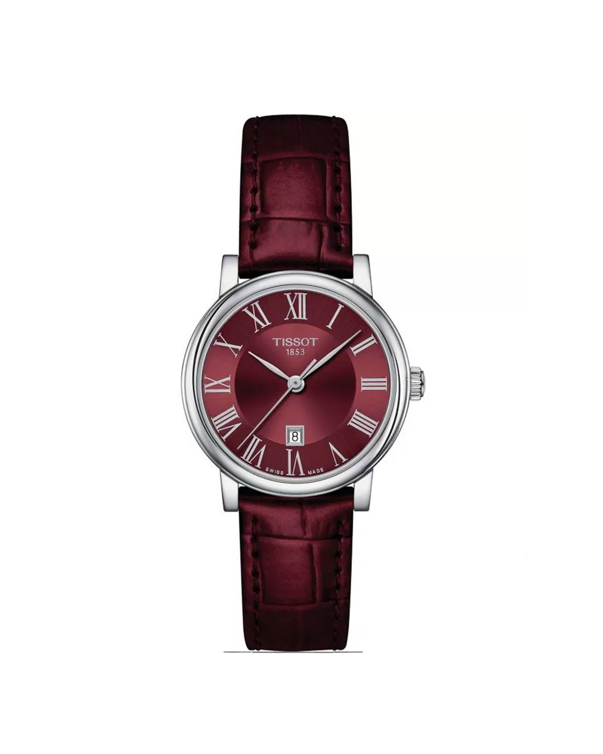 A Tissot Carson Premium Quartz Red Dial Ladies Watch with a silver-tone stainless steel case and a vibrant red leather strap, featuring a red dial with silver-tone hands and Roman numeral hour markers, and a secure buckle clasp.
