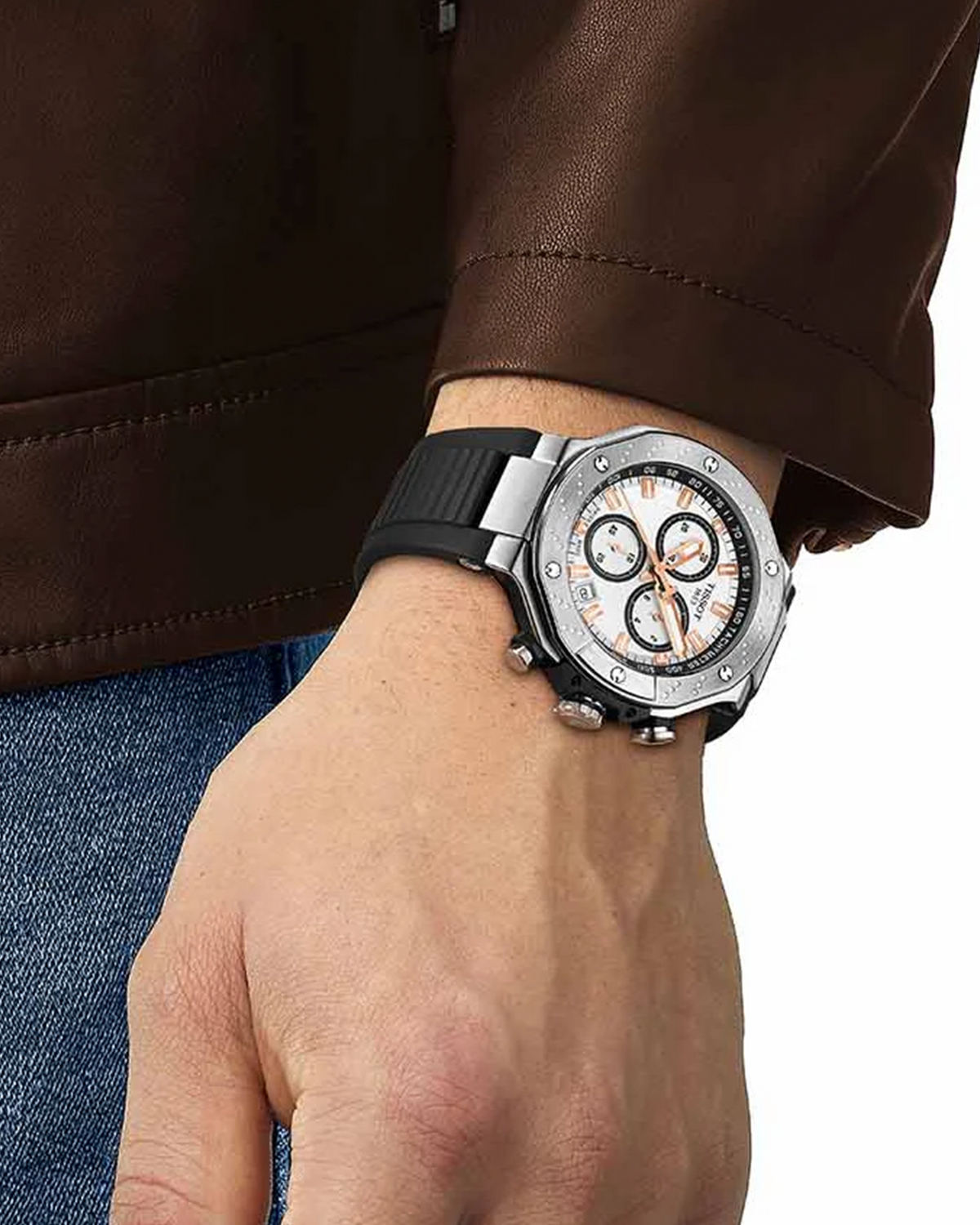 Tissot T-Race Chronograph T141.417.17.011.00 watch, black silicone strap detail