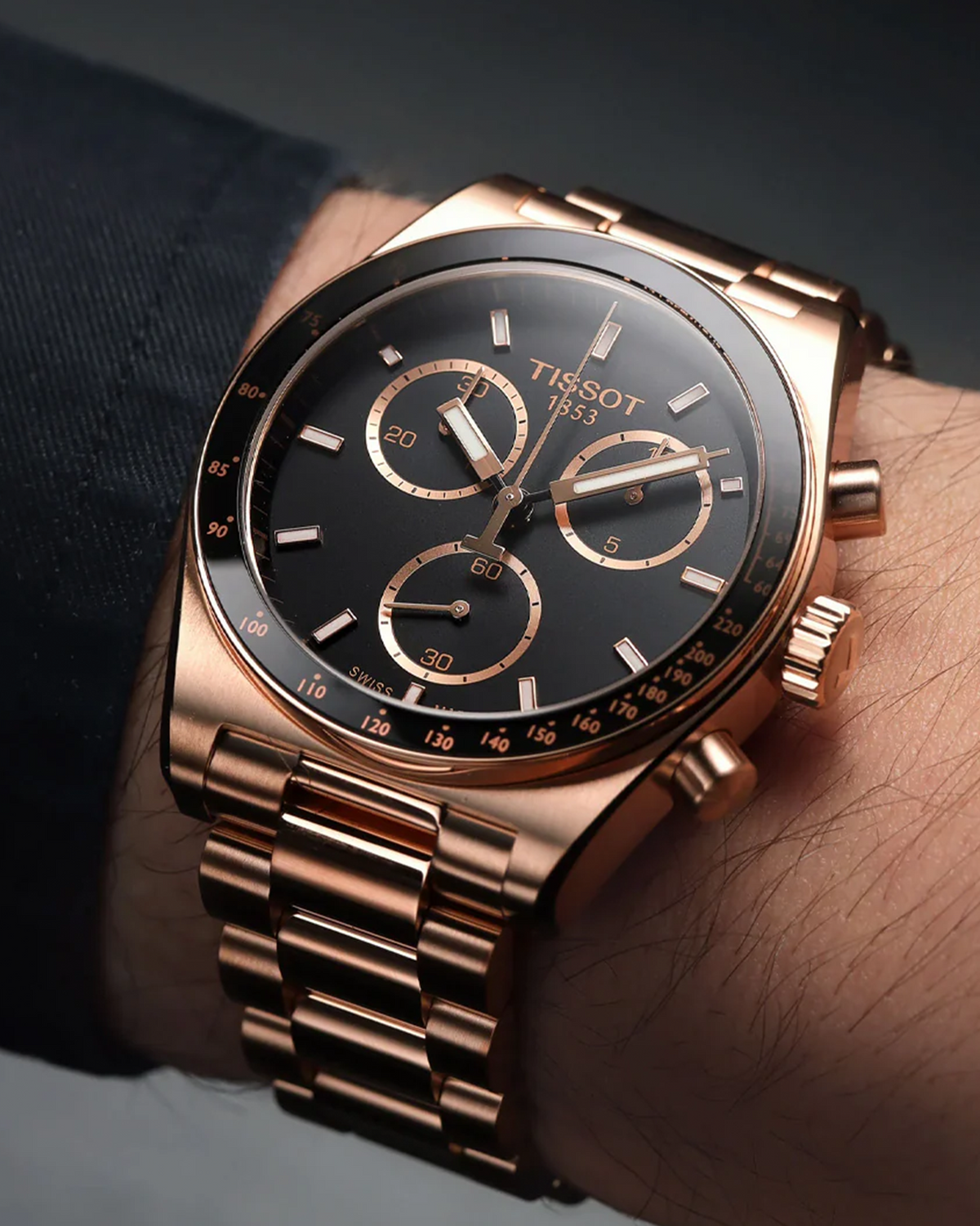 Tissot PR516 Chronograph T149.417.33.051.00 watch, rose gold-tone bracelet detail