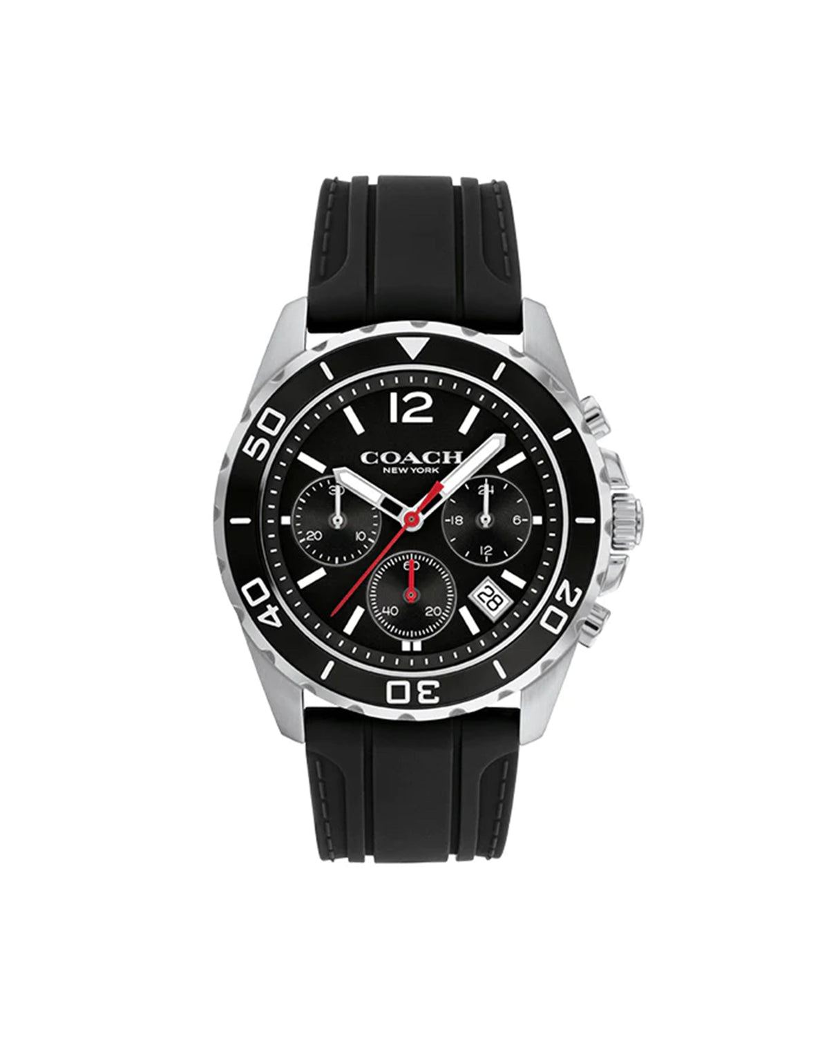 Coach Kent Chronograph 14602565 with black lacquered dial and black rubber strap – front view