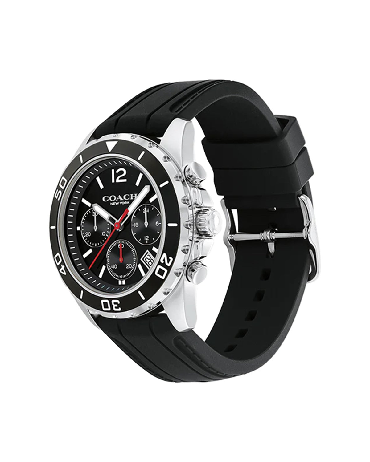 Coach Kent Chronograph 14602565 black rubber strap watch – angled view