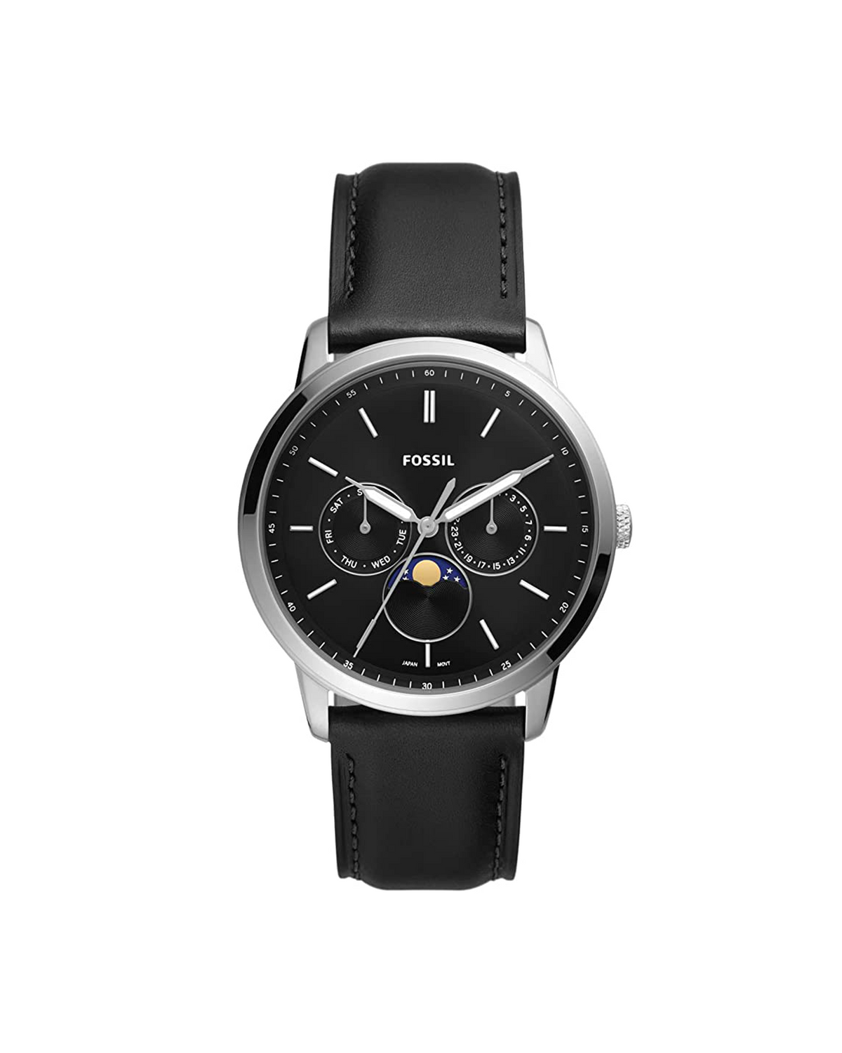 Fossil Neutra Moonphase FS5904 black watch, front view of dial and leather strap