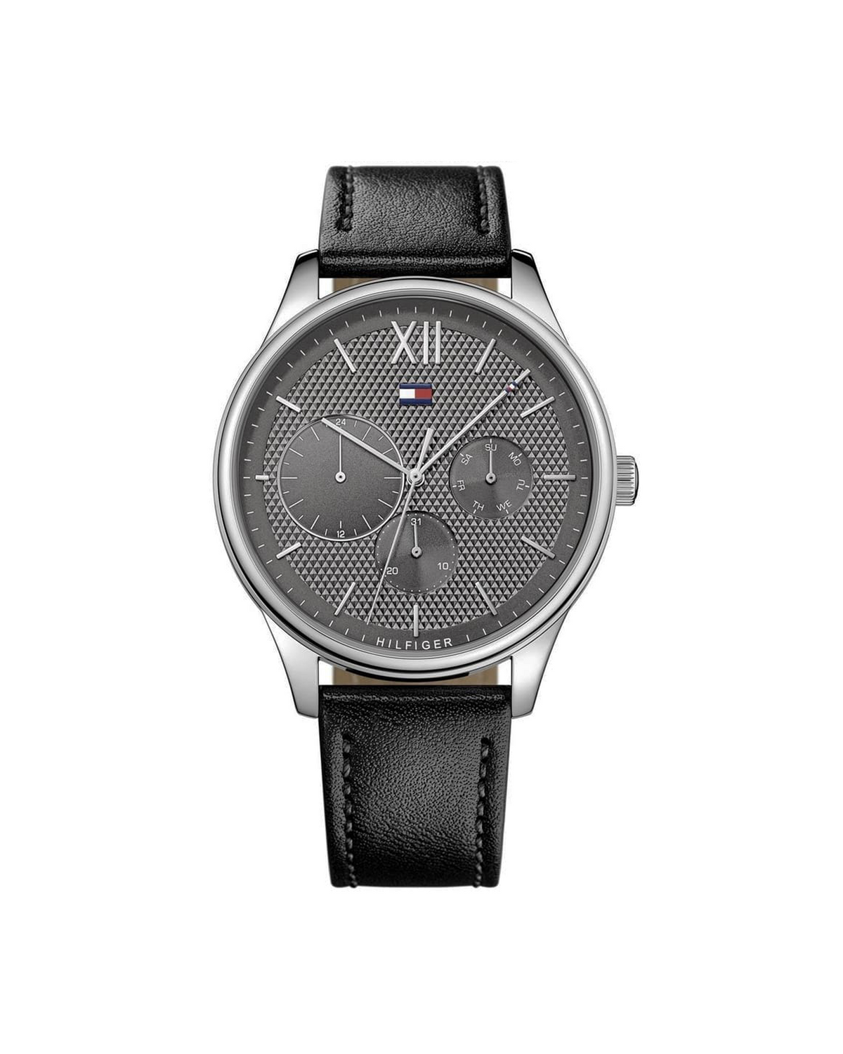 Tommy Hilfiger Damon 1791417 - front view, 44mm steel case with grey dial and black leather strap