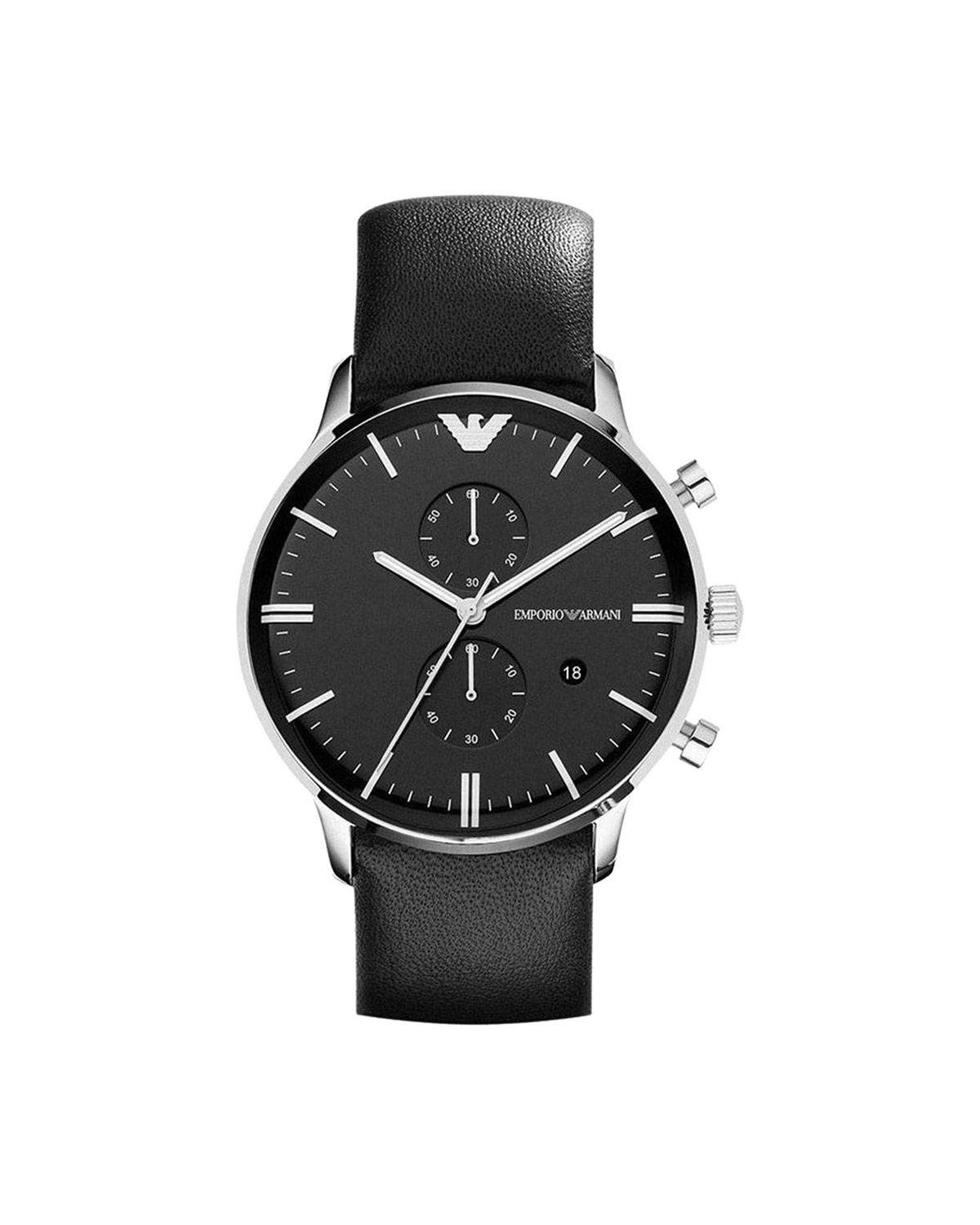 Emporio Armani AR0397 men's chronograph, silver-tone 43mm case, black leather strap