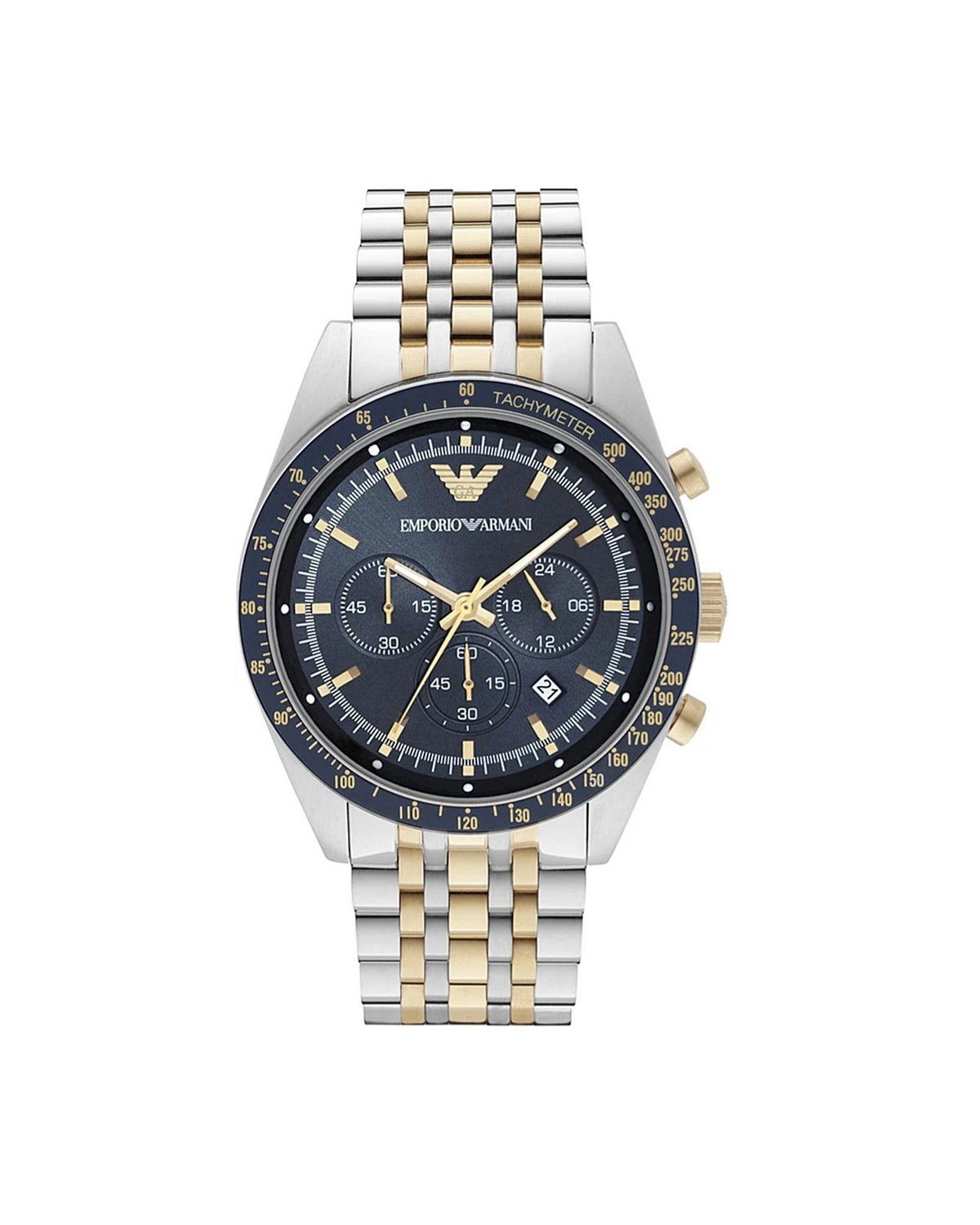 Emporio Armani AR8030 men's watch, 46mm stainless steel case, blue dial, two-tone bracelet