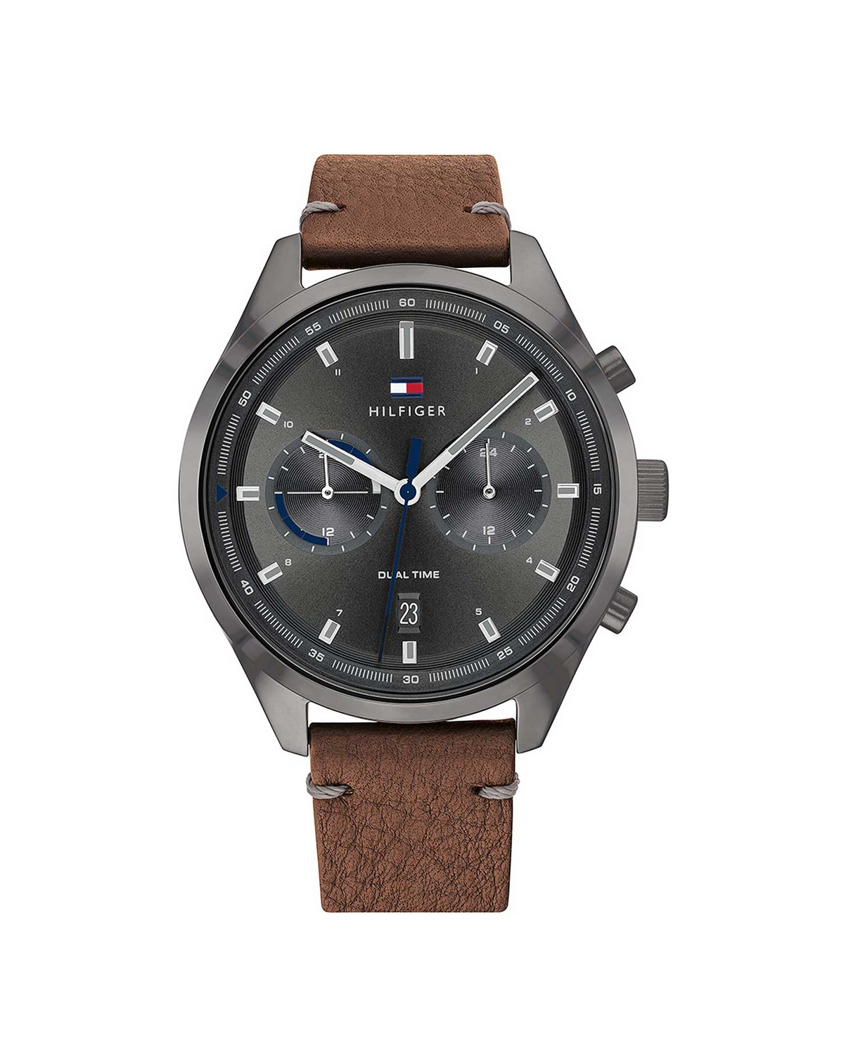 Tommy Hilfiger Bennett 1791730 men's GMT watch, grey dial stainless steel case with brown leather strap, front view