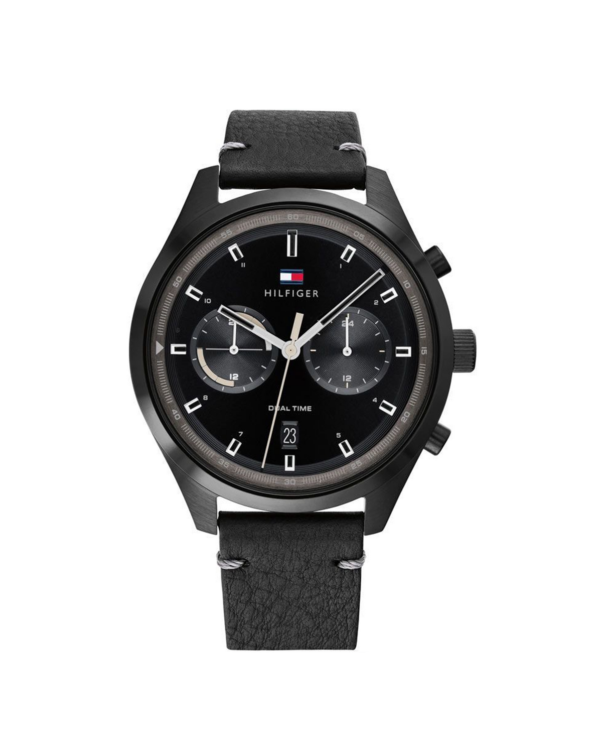 Tommy Hilfiger Bennett 1791731 men's watch, black dial black stainless steel case with black leather strap, front view