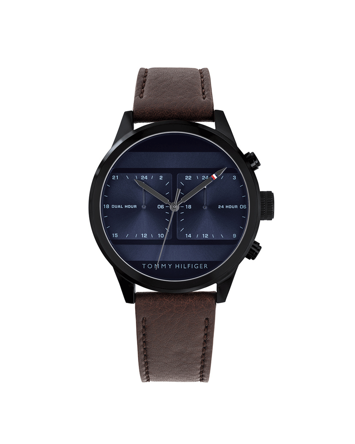 Tommy Hilfiger Icon Dual Time 1791593 watch with brown leather strap - front view
