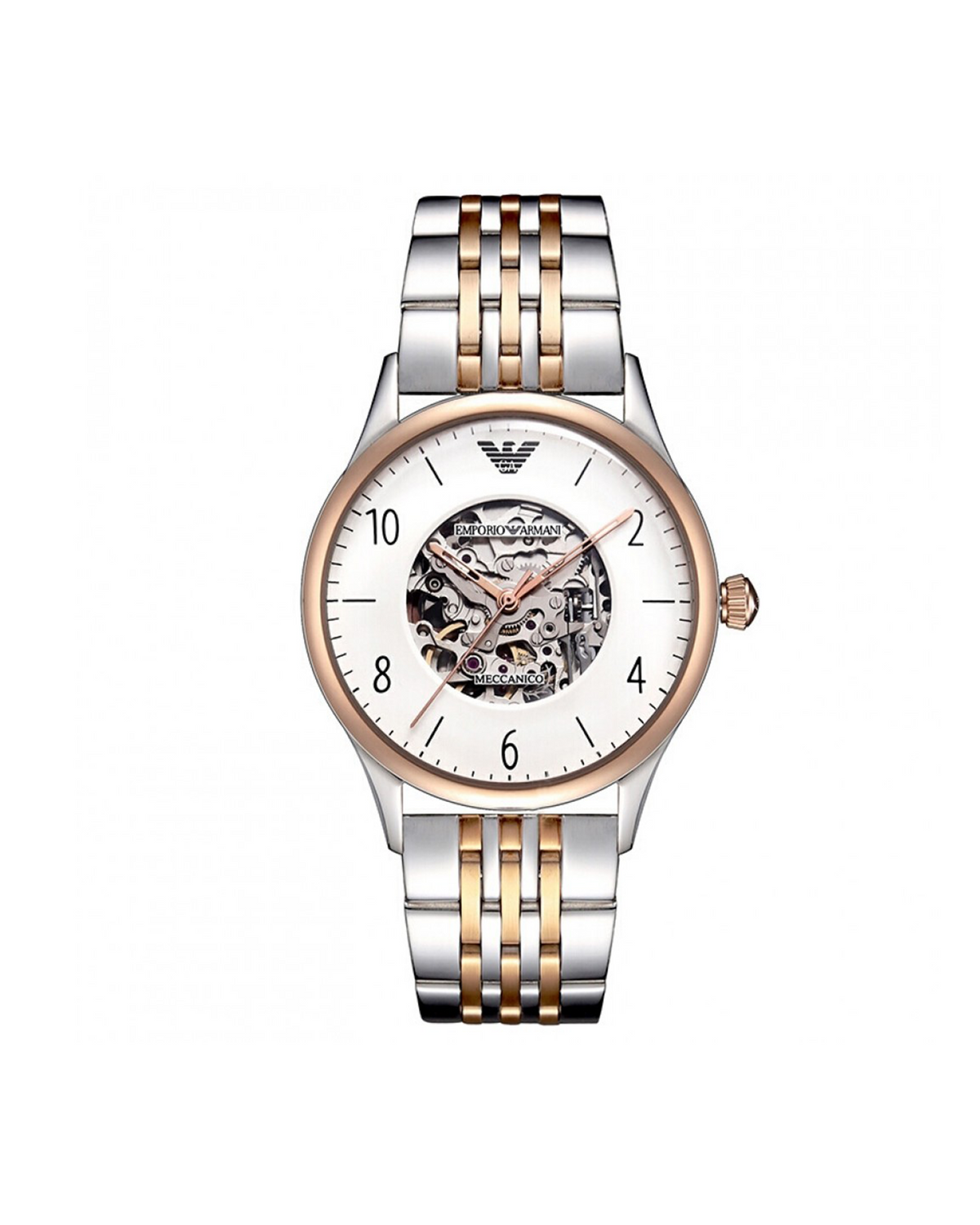Emporio Armani AR1921 men's Meccanico automatic watch with skeleton dial and two-tone bracelet — front view