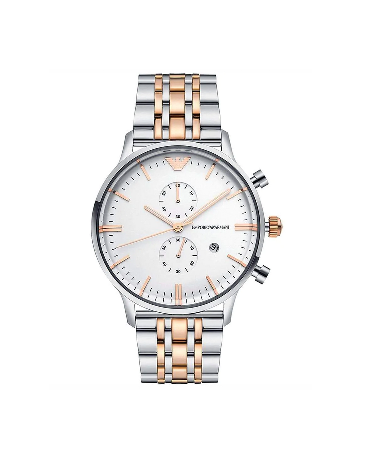Emporio Armani AR0399 Gianni X-Large chronograph, silver-tone 43mm case, two-tone bracelet