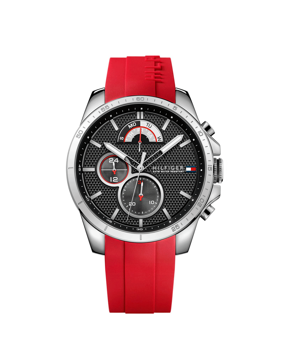 Tommy Hilfiger Decker 1791351 men's multifunction watch, 48mm case with black dial and red silicone strap