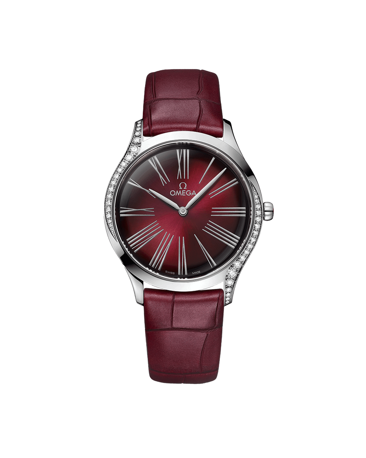 Omega De Ville Tresor Quartz 428.18.36.60.11.001 - burgundy dial with diamond-set case, front view