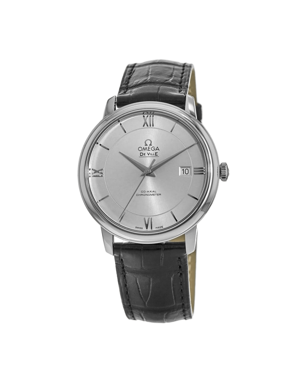 Omega De Ville Prestige Co-Axial 424.13.40.20.02.001 - silver dial with black leather strap, front view