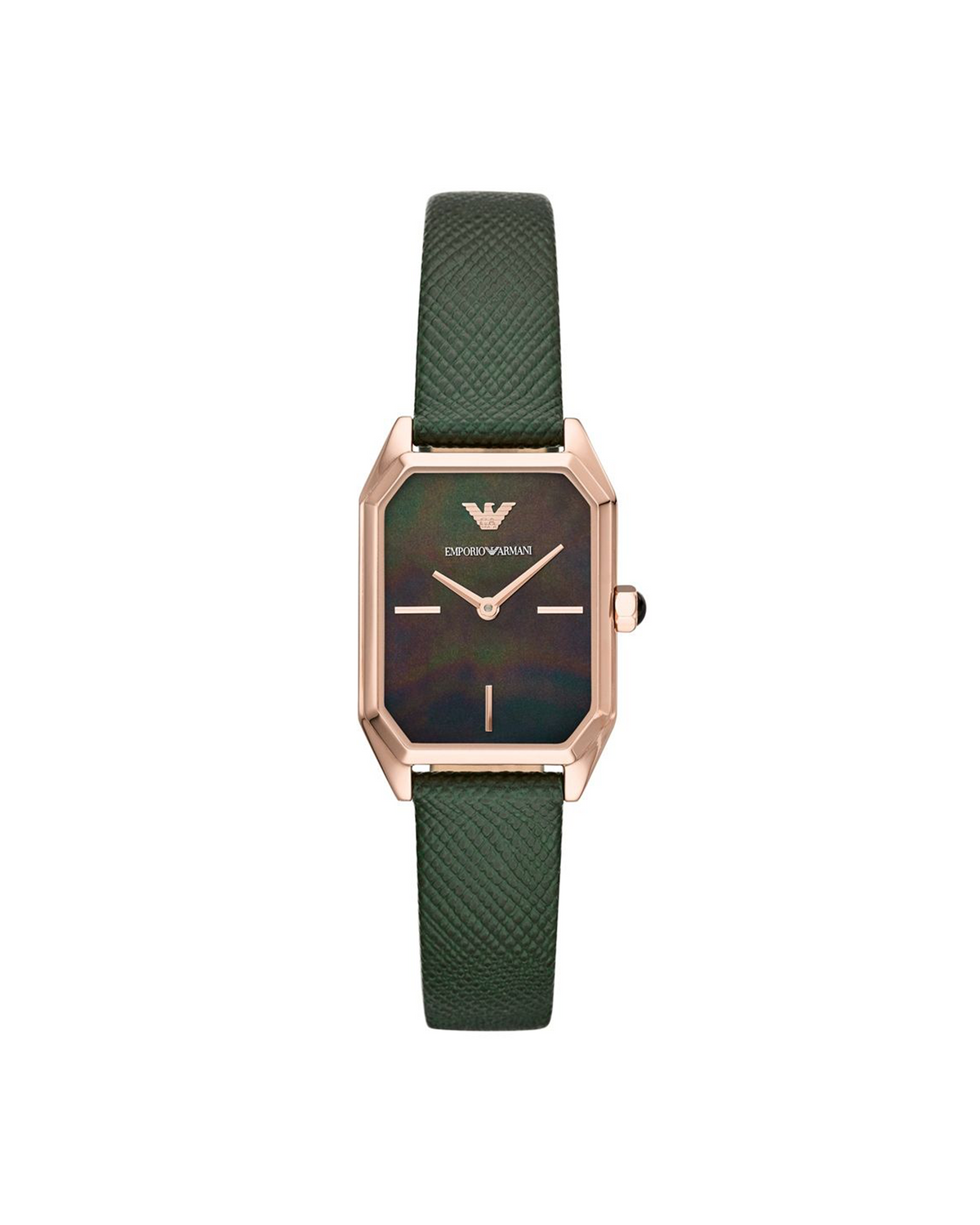 Emporio Armani AR11149 Gioia watch, front view of black mother-of-pearl dial and rose gold-tone case