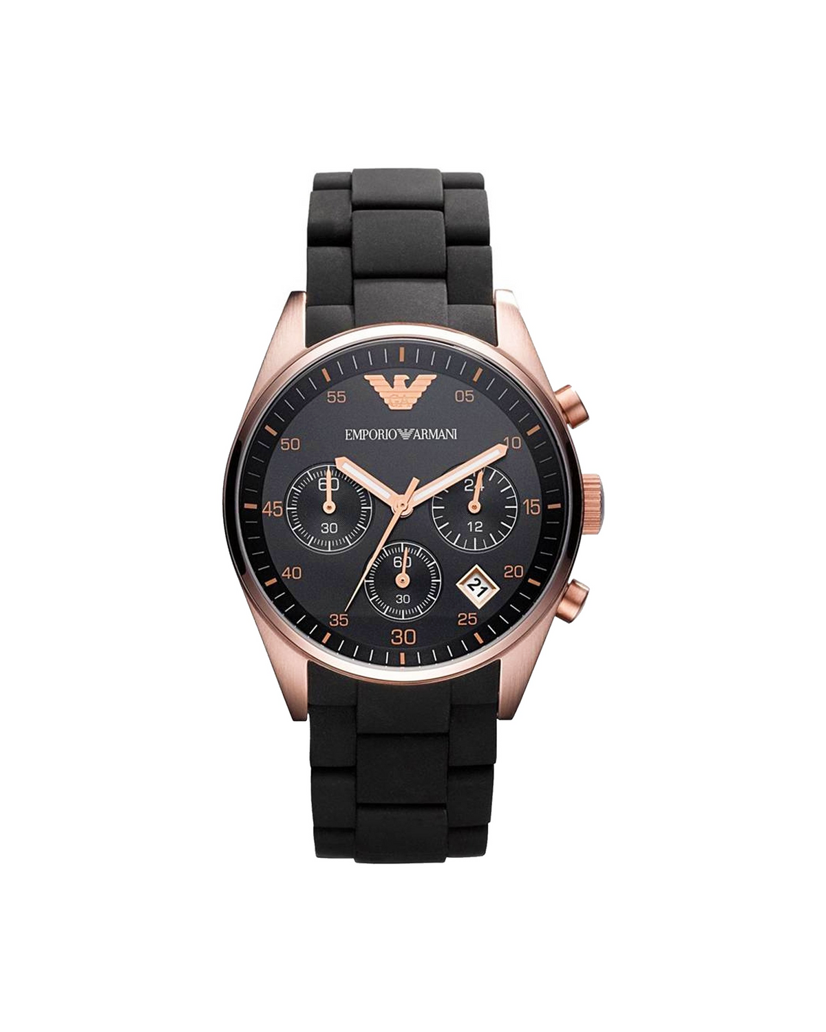 Emporio Armani AR5906 women's watch, rose-gold PVD case, black silicone strap