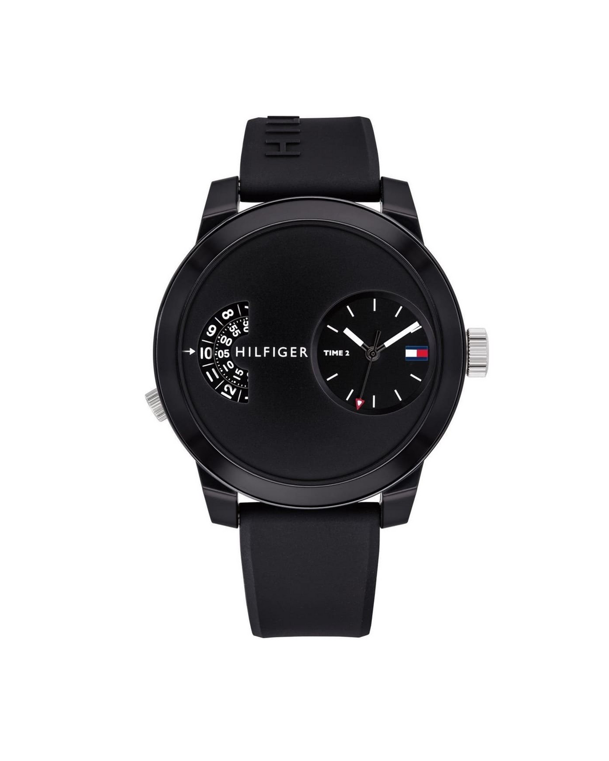 Tommy Hilfiger Denim 1791555 - front view, black dial with dual time display and black silicone strap