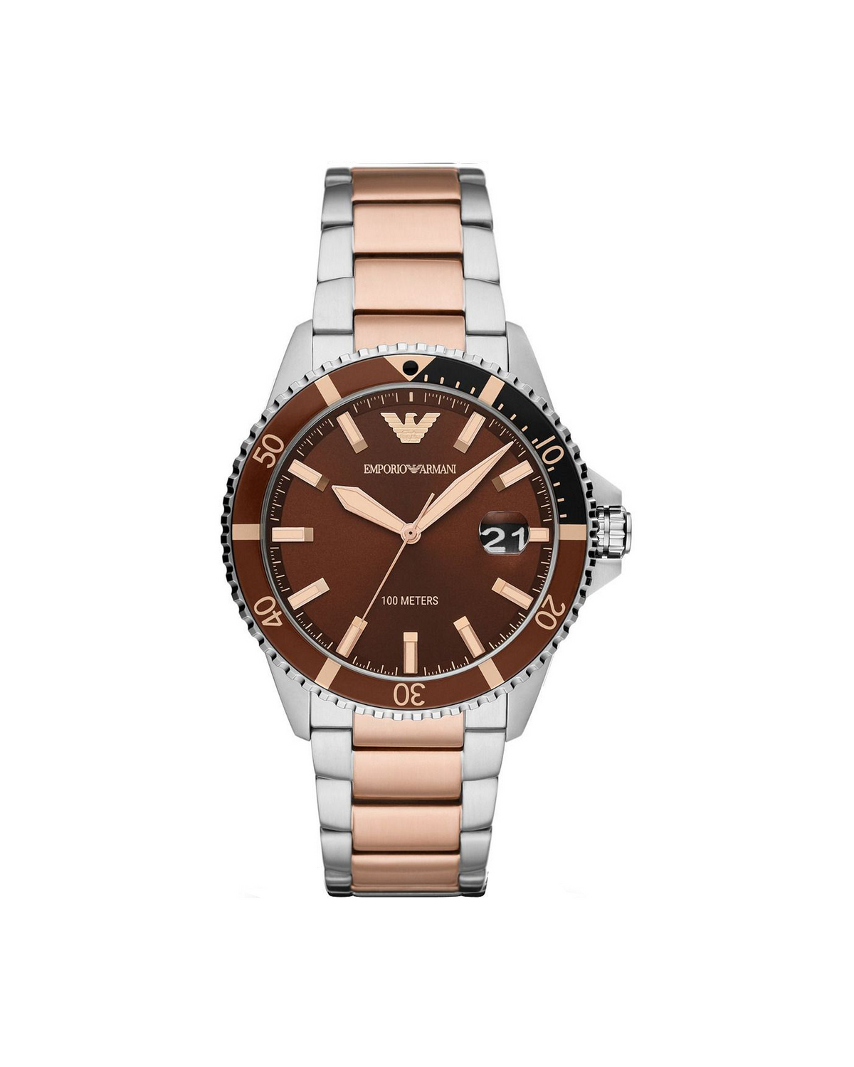 Emporio Armani AR11340 men's two-tone rose-gold and stainless steel dive watch with brown dial