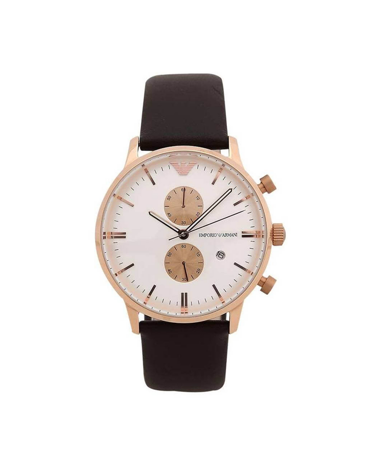 Emporio Armani AR0398 men's chronograph, rose-gold tone 43mm case, brown leather strap